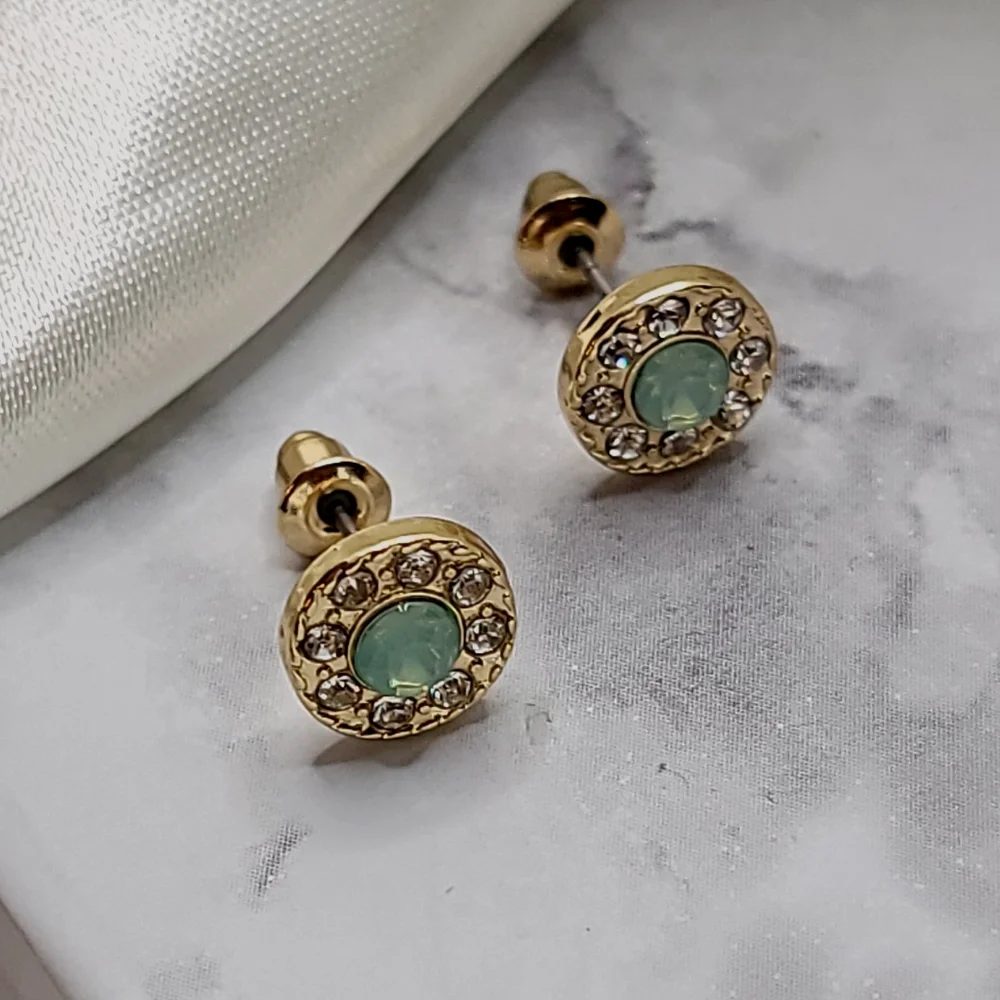 Gold Seafoam Diamond Halo Rhinestone Stud Button Earrings